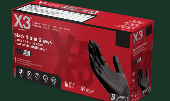 AMMEX X3 Black Nitrile Industrial Disposable Gloves (9 ½ inches, Large, Black)