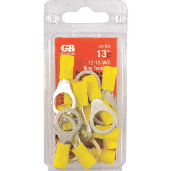 Gardner Bender 12 to 10 AWG 1/4 In. to 3/8 In. Stud Size Yellow Vinyl-Insulated Barrel Ring Terminal (13-Pack)